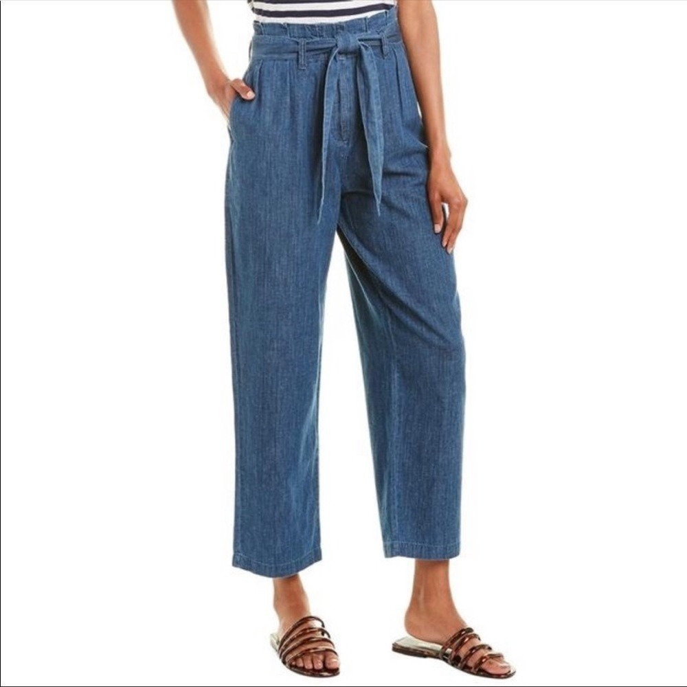 J.Crew Womens Blue Cotton Hemp Paperbag Waist Straight Leg Pants AN054 Size 16